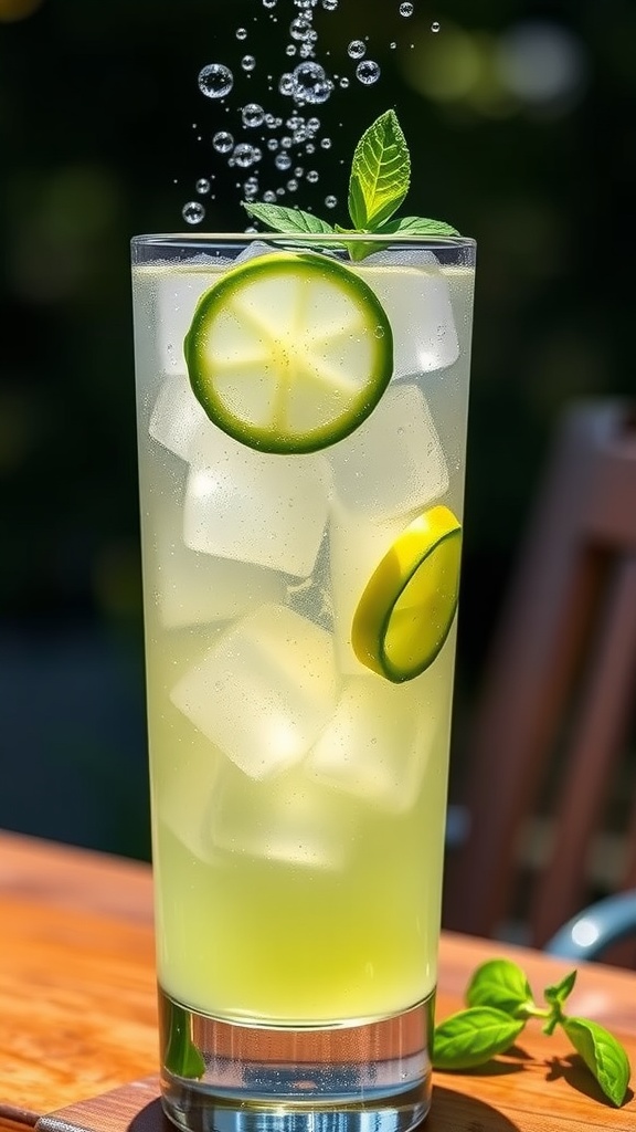 A refreshing Cucumber Basil Tequila Spritz in a tall glass with ice, cucumber slice, and basil sprig.